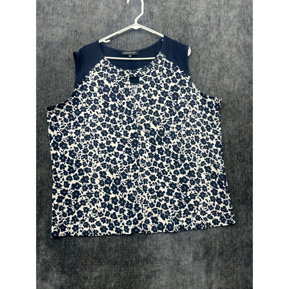 Jones New York Blouse‎ Top Womens 3X Blue White Floral Cut Out Neck Sleeveless